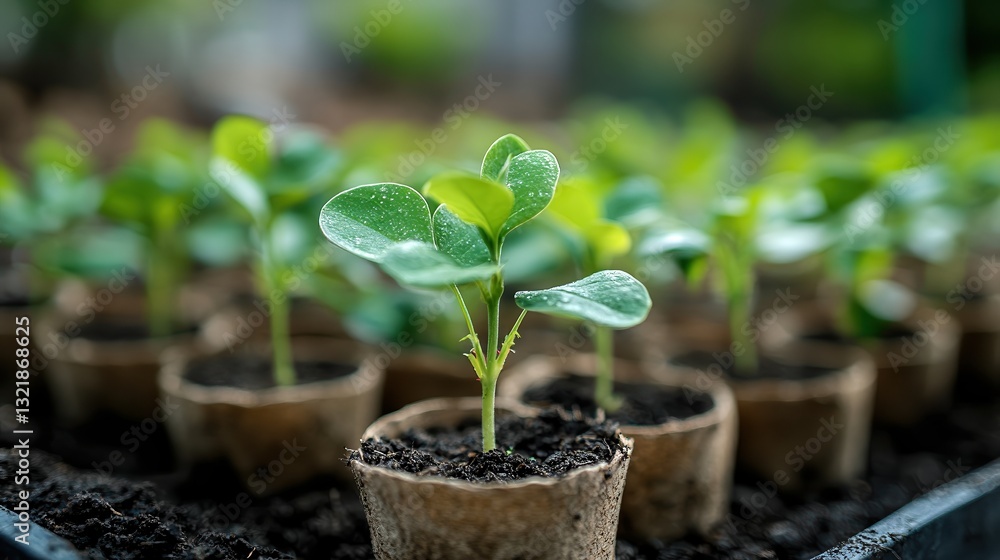 Rose sprouts growing in small biodegradable pots row of seedlings in eco-friendly planters, ready to be transferred into a lush garden. Rose sprouts growing in small biodegradable pots row of seedlings in eco-friendly planters, ready to be transferred into a lush garden.