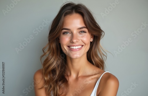 Portrait of happy caucasian woman with glowing skin, healthy smile. Confident, positive model demonstrates beauty, wellness. Skincare product demo, facial treatment advertisement, cosmetic