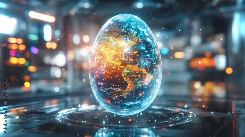 Futuristic glowing globe inside a transparent egg with vibrant cityscapes surrounding Futuristic glowing globe inside a transparent egg with vibrant cityscapes surrounding