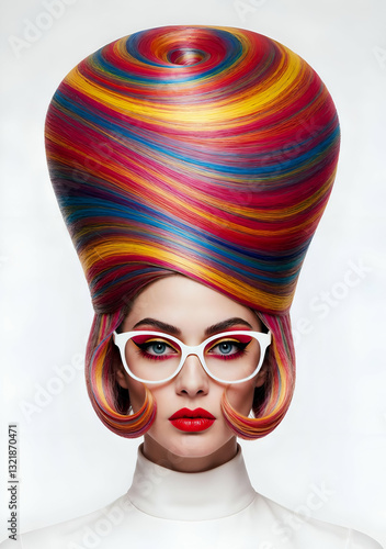 A close-up studio portrait of a woman with vibrant, rainbow-colored hair styled in a voluminous bouffant.