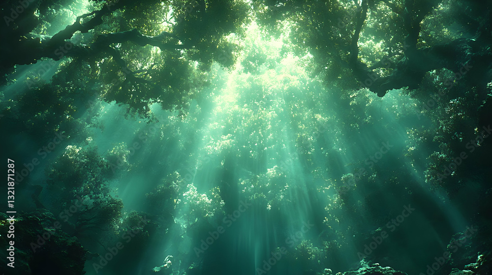 Obraz premium Underwater Sunlight Rays Illuminating Green Ocean Depths