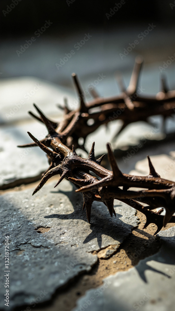 Intricate Close-Up of a Crown of Thorns on Rugged Stone Floor, Symbolizing the Crucifixion of Jesus Christ for Easter-Themed Projects Intricate Close-Up of a Crown of Thorns on Rugged Stone Floor, Symbolizing the Crucifixion of Jesus Christ for Easter-Themed Projects