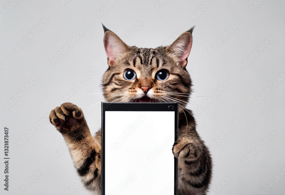 Cat holding smartphone with white mockup screen