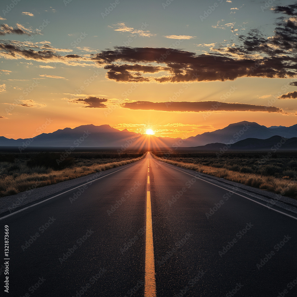 Fototapeta premium Sunset over a long, straight highway.