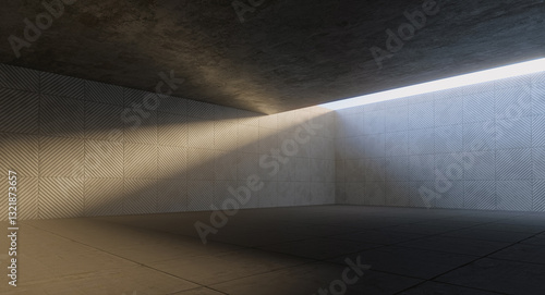 Sunlight illuminating empty concrete room with textured walls and open ceiling