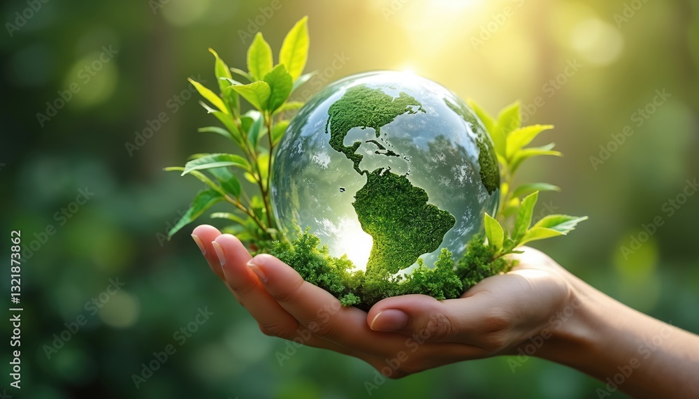 Hand holds glass earth globe with continents made of green grass and green plants around as symbol for sustainable development, responsible eco sources for renewable energy. Hand holds glass earth globe with continents made of green grass and green plants around as symbol for sustainable development, responsible eco sources for renewable energy.
