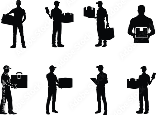 Delivery Workers Carrying Packages and Bags silhouette vector collection on transparent background.