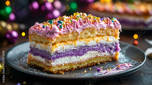 Colorful layered cake slice
