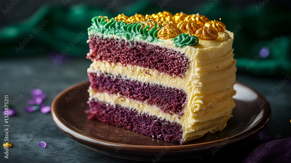 Layered purple cake with creamy frosting