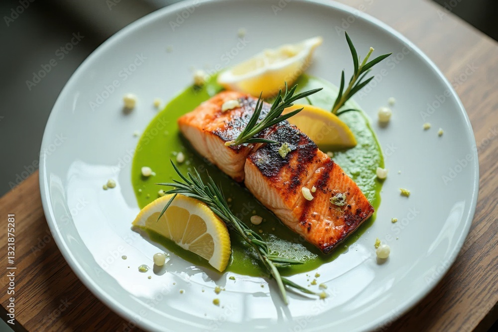 Grilled salmon served on a white plate with vibrant green sauce and fresh lemon slices Grilled salmon served on a white plate with vibrant green sauce and fresh lemon slices