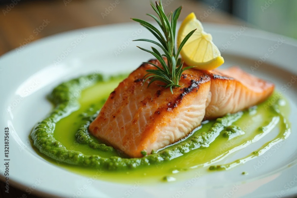 Grilled salmon with herb sauce and lemon garnish on a white plate at a gourmet restaurant Grilled salmon with herb sauce and lemon garnish on a white plate at a gourmet restaurant
