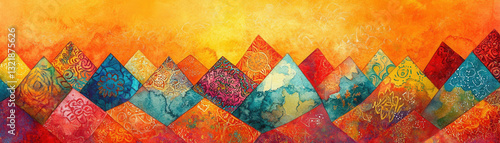 Vibrant abstract mountain landscape with colorful geometric patterns and warm tones