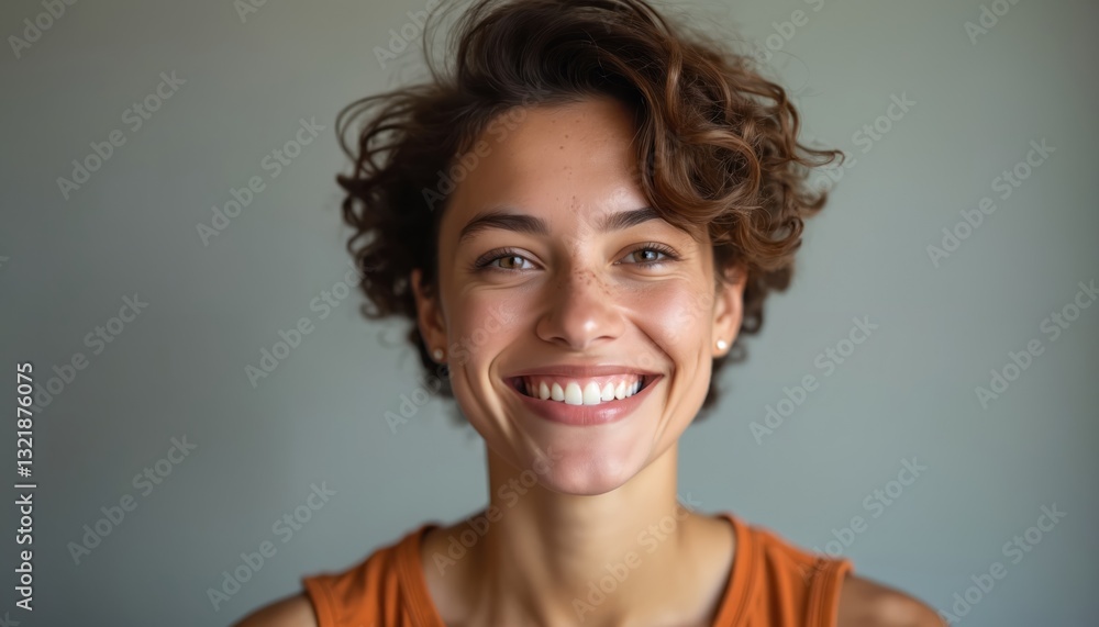 Headshot of young woman with freckles, short curly hair, wearing casual top, smiling, showing white teeth. Pretty female with cute face, kind expressive eyes, standing against grey background. Headshot of young woman with freckles, short curly hair, wearing casual top, smiling, showing white teeth. Pretty female with cute face, kind expressive eyes, standing against grey background.