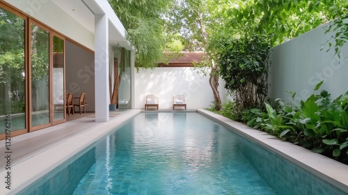 Wallpaper Mural A large pool with a white wall and a white fence. The pool is surrounded by trees and has a patio area with chairs and a dining table Torontodigital.ca