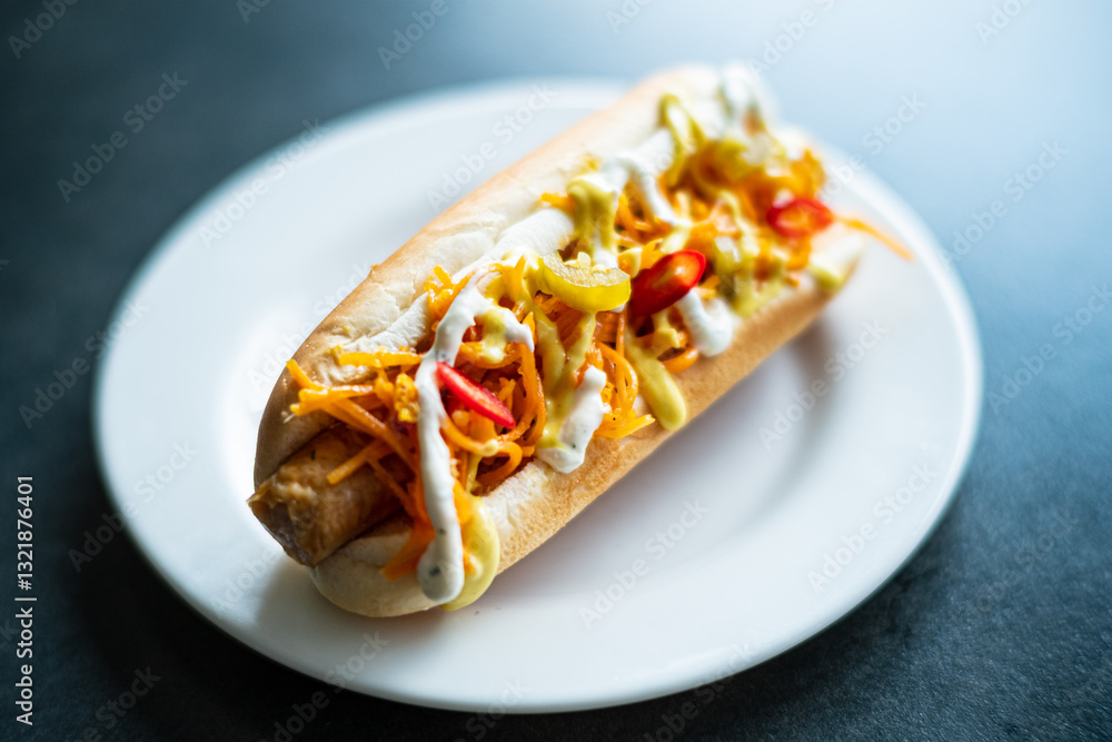 Brightly colored hot dog piled high with shredded veggies, topped with sauce, on a clean plate Brightly colored hot dog piled high with shredded veggies, topped with sauce, on a clean plate