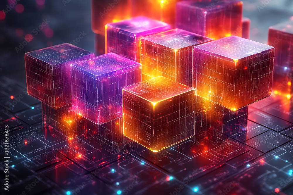 A futuristic digital scene featuring glowing cubes interconnected in a vibrant grid, symbolizing innovation and technology in the digital age. A futuristic digital scene featuring glowing cubes interconnected in a vibrant grid, symbolizing innovation and technology in the digital age.
