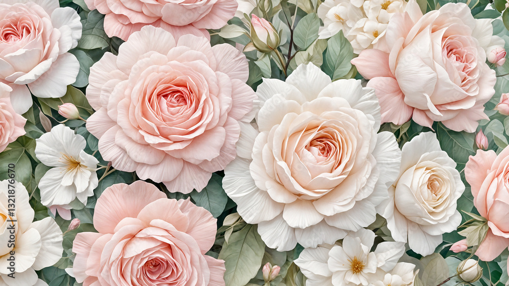 Floral Background. Botanical illustration with delicate rose flowers in a refined composition. Perfect for wallpapers, invitations, and artistic designs Floral Background. Botanical illustration with delicate rose flowers in a refined composition. Perfect for wallpapers, invitations, and artistic designs