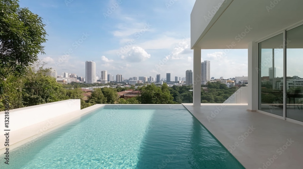 Fototapeta premium A pool with a city view in the background. The pool is surrounded by trees and has a white fence