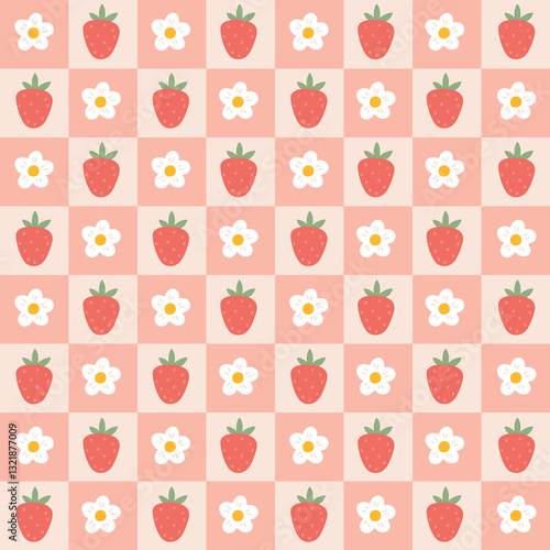 Preppy flirty strawberry with flower in frame seamless pattern on a cell background. Vector cute cartoon hand-drawn illustration. Tartan check for textile, baby clothes, wallpaper, scrubbing.