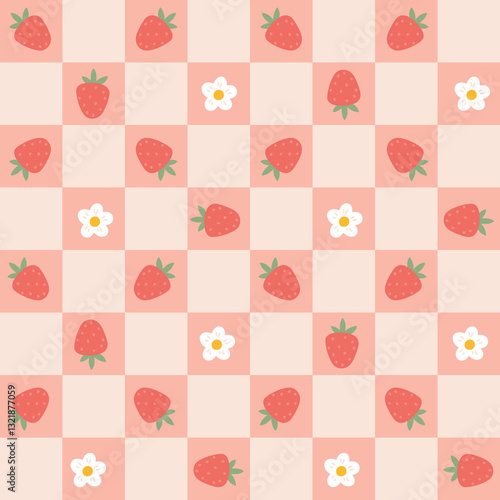 Preppy flirty strawberry with flower in frame seamless pattern on a cell background. Vector cute cartoon hand-drawn illustration. Tartan check for textile, baby clothes, wallpaper, scrubbing.