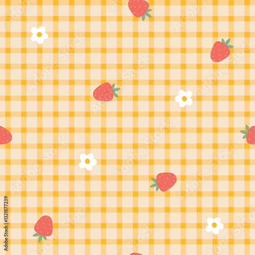 Preppy flirty strawberry with flower in frame seamless pattern on a cell background. Vector cute cartoon hand-drawn illustration. Tartan check for textile, baby clothes, wallpaper, scrubbing.