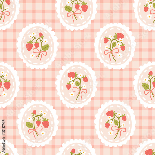 Preppy flirty strawberry with bow and flower in frame seamless pattern on a cell background. Vector cute cartoon hand-drawn illustration. Tartan check for textile, baby clothes, wallpaper, scrubbing.