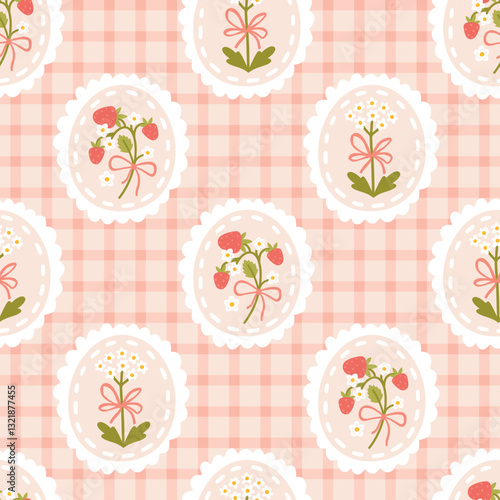 Preppy flirty strawberry with bow and flower in frame seamless pattern on a cell background. Vector cute cartoon hand-drawn illustration. Tartan check for textile, baby clothes, wallpaper, scrubbing.