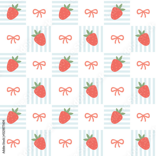 Preppy flirty strawberry with bow in frame seamless pattern on a cell background. Vector cute cartoon hand-drawn illustration. Tartan check for textile, baby clothes, wallpaper, scrubbing.
