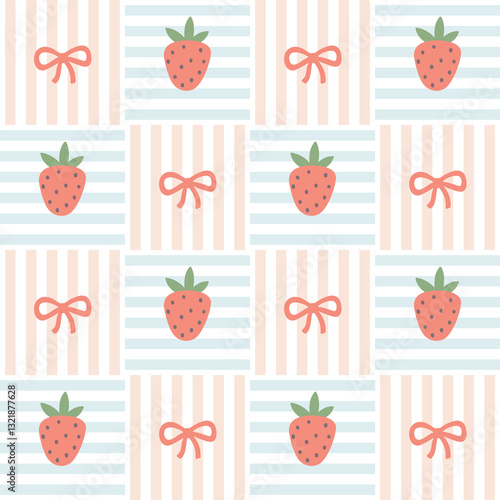 Preppy flirty strawberry with bow in frame seamless pattern on a cell background. Vector cute cartoon hand-drawn illustration. Tartan check for textile, baby clothes, wallpaper, scrubbing.