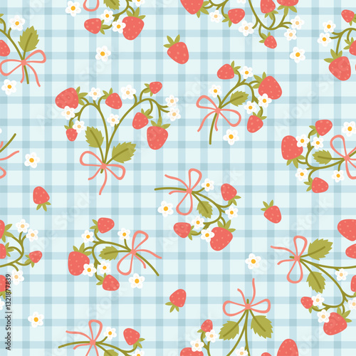 Preppy flirty strawberry with bow and flower in frame seamless pattern on a cell background. Vector cute cartoon hand-drawn illustration. Tartan check for textile, baby clothes, wallpaper, scrubbing.