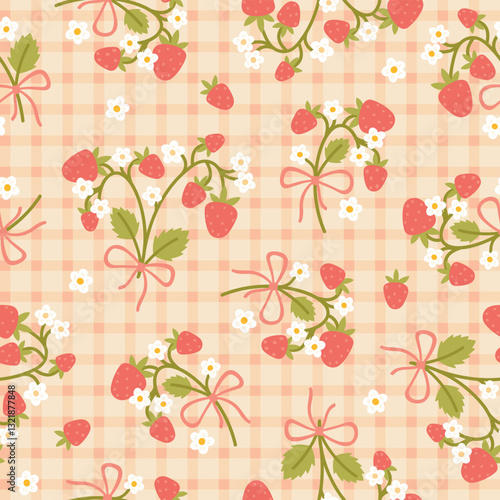 Preppy flirty strawberry with bow and flower seamless pattern on a cell background. Vector cute cartoon hand-drawn illustration. Tartan check for textile, baby clothes, wallpaper, scrubbing.