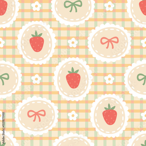 Preppy flirty strawberry with bow and flower in frame seamless pattern on a cell background. Vector cute cartoon hand-drawn illustration. Tartan check for textile, baby clothes, wallpaper, scrubbing.