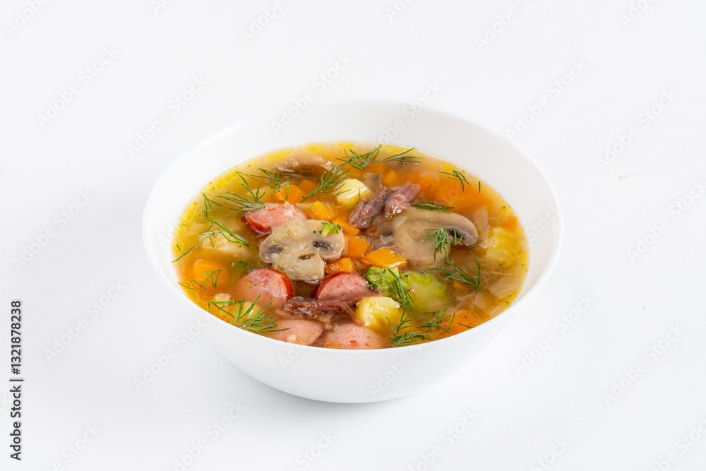 Steaming bowl of vegetable and meat soup boasts vibrant colors and aromatic herbs, inviting warmth Steaming bowl of vegetable and meat soup boasts vibrant colors and aromatic herbs, inviting warmth