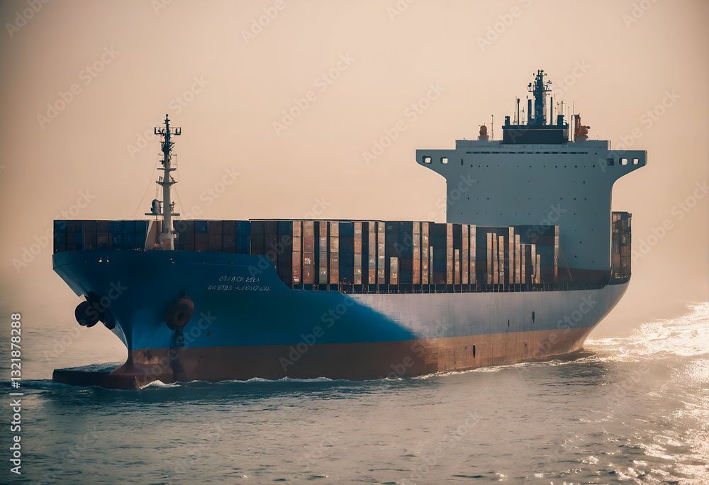Cargo ship sailing through ocean. Freight transportation.