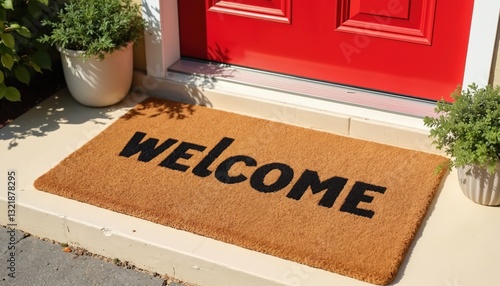 Stylish doormat with Welcome text on red door background, cute potted plant, home entrance. Black bold letters, house decor. Porch entranceway with greeting mat, invitation to home.