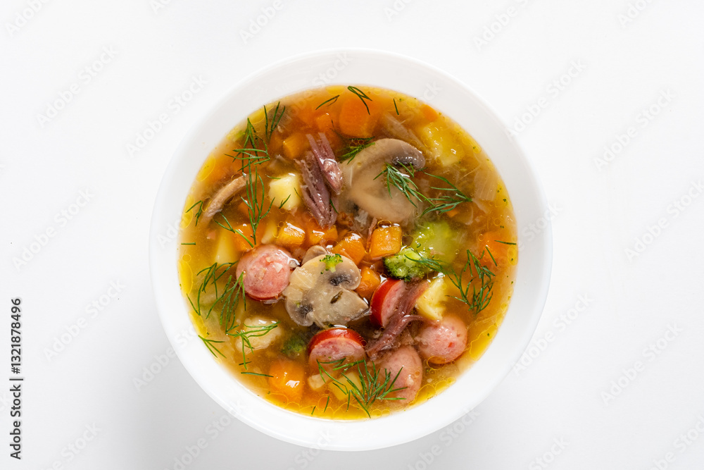 Enjoy a vibrant bowl of veggie soup with fresh ingredients and sausage, perfect for cozy days Enjoy a vibrant bowl of veggie soup with fresh ingredients and sausage, perfect for cozy days