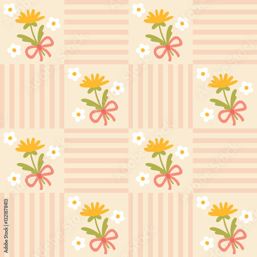 Preppy flirty flower with bow in frame seamless pattern on a striped background. Vector cute cartoon hand-drawn illustration. for textile, baby clothes, wallpaper, scrubbing.