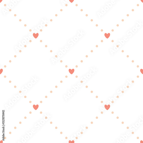Preppy polka dot stitch geometric seamless pattern in rhombus with hearts. Vector cute cartoon hand drawn vintage illustration. Ideal for textile printing, baby clothes, wallpaper, scrubbing.