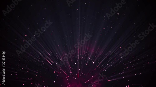Animated dark cosmic background with a radiant burst of red particles. Shining particles explode upwards with light rays. Ideal for energetic intros, space themes, or magical effects. 4K resolution.