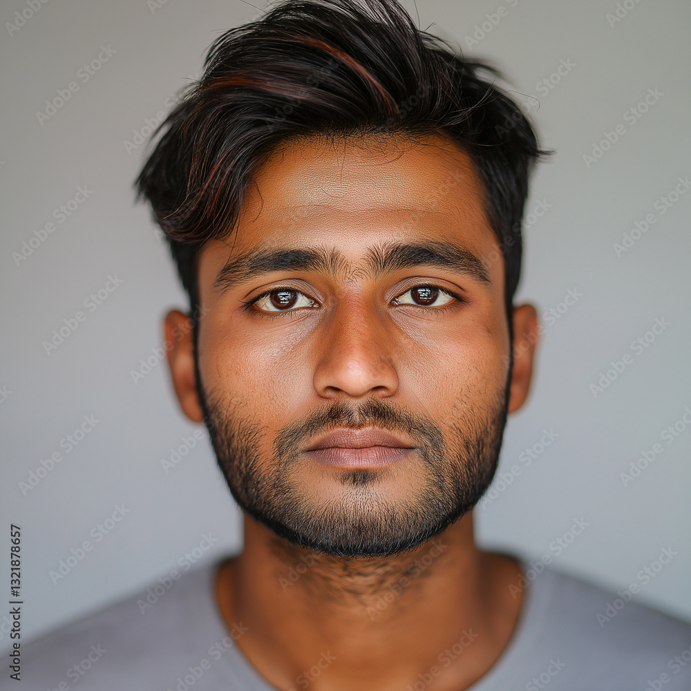 Fototapeta premium Portrait of a young South Asian man with dark hair and a serious expression.