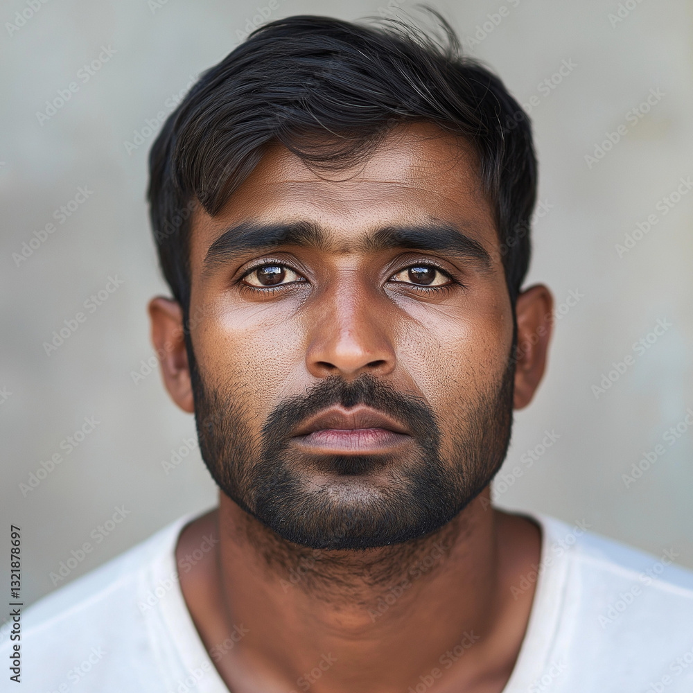 Obraz premium Portrait of a young South Asian man with a serious expression.