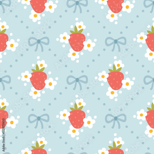 Preppy strawberry and flowers lace geometric seamless pattern rhombus with flirty bows. Vector cute kids cartoon hand-drawn vintage illustration. Ideal for textile printing, baby clothes, wallpaper.