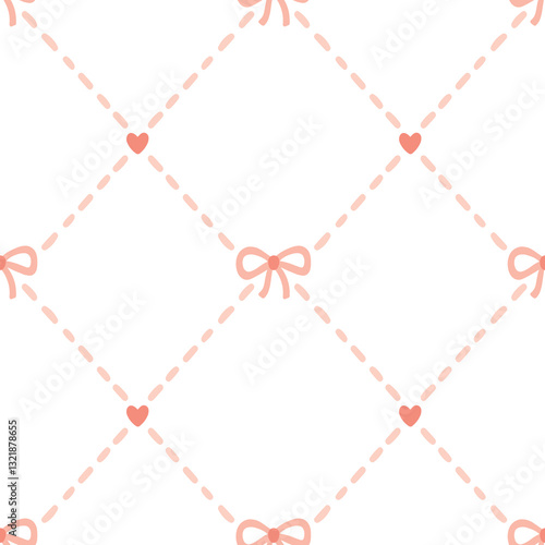 Preppy stitch geometric seamless pattern in rhombus with hearts and flirty bows. Vector cute cartoon hand drawn vintage illustration. Ideal for textile printing, baby clothes, wallpaper, scrubbing.
