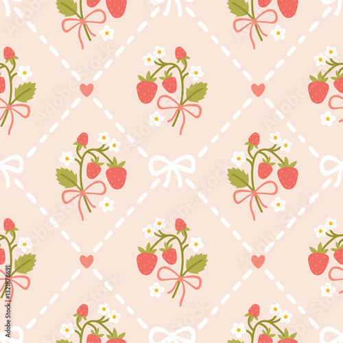 Preppy strawberry and flowers lace geometric seamless pattern in rhombus with hearts. Vector cute kids cartoon hand-drawn vintage illustration. Ideal for textile printing, baby clothes, wallpaper.