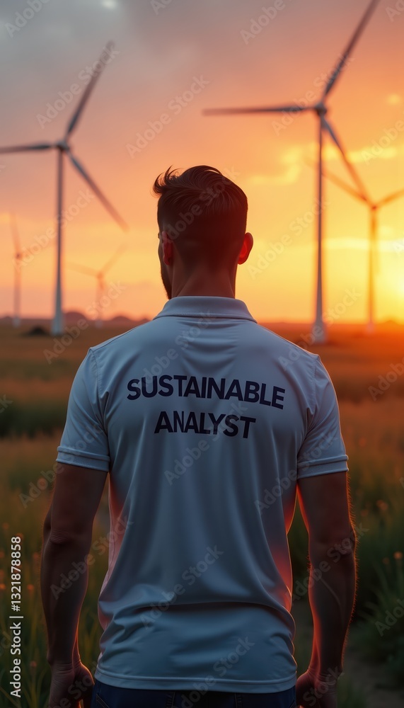 Naklejka premium Sustainable analyst overlooking a wind farm at sunset for renewable energy and ESG career concept