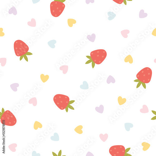 Blooming strawberry seamless vector pattern with berry and hearts in simple hand drawn cartoon kawaii style. Pastel palette, cute beige unisex background. Ideal for printing baby textiles