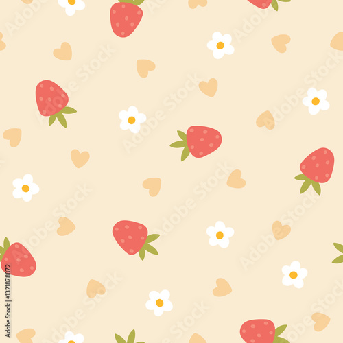 Blooming strawberry seamless vector pattern with berry, flowers and hearts in simple hand drawn cartoon kawaii style. Pastel palette, cute beige unisex background. Ideal for printing baby textiles.