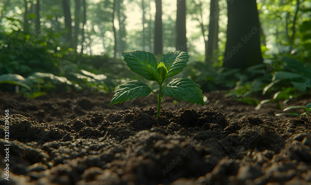 A single sprout emerges from dark soil in a sun-dappled forest, symbolizing new life and growth amidst nature's grandeur.