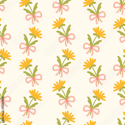 Preppy flirty meadow flower with bow seamless pattern. Vector cute cartoon hand-drawn illustration. Summer cute background for textile, baby clothes, wallpaper, scrubbing.