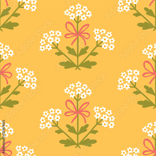 Preppy flirty meadow flower with bow seamless pattern. Vector cute cartoon hand-drawn illustration. Summer cute background for textile, baby clothes, wallpaper, scrubbing.